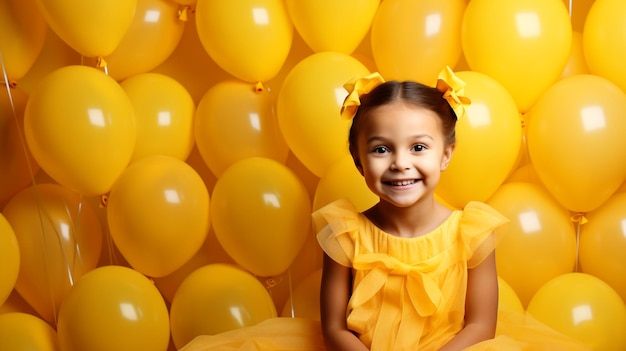 Cute little emotional girl in white clothing with colored balloon on blue background generated by AI