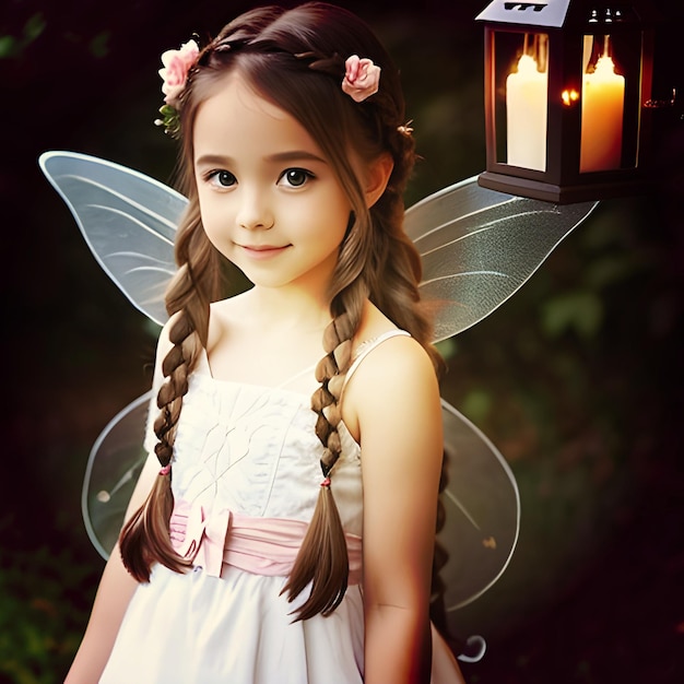 Cute little fairy with beautiful long braided hairstyle holding a lantern ai generated