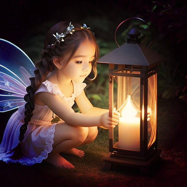 Cute little fairy with beautiful long braided hairstyle holding a lantern ai generated