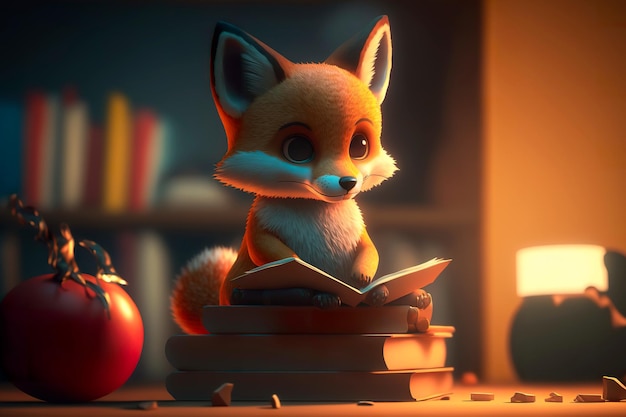 Cute little fox on book