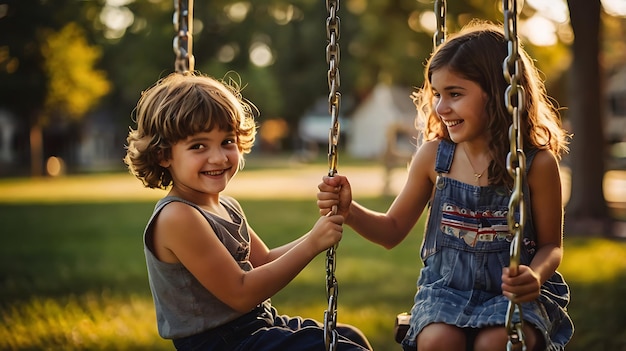 Cute little friends having fun on a swing in the park Happy friendship day