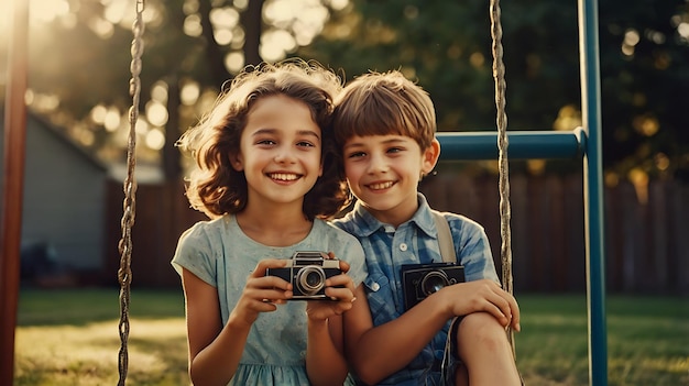 Cute little friends having fun on a swing in the park Happy friendship day