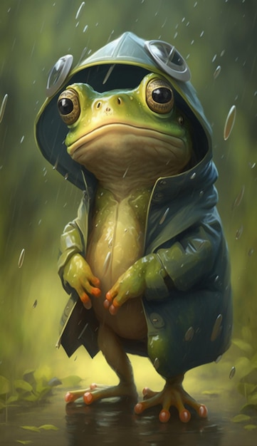 A cute little frog in the rain cartoon style