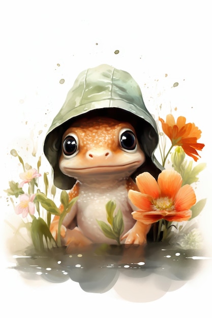 Photo a cute little frog wearing a hat and holding flowers