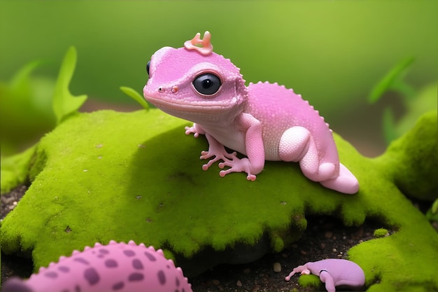 A cute little gecko with a pink head sits on a green mossy rock generated ai