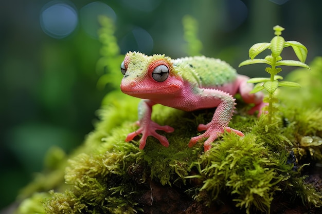 A cute little gecko with a pink head sits on a green mossy rock