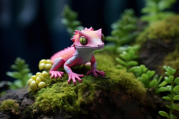 A cute little gecko with a pink head sits