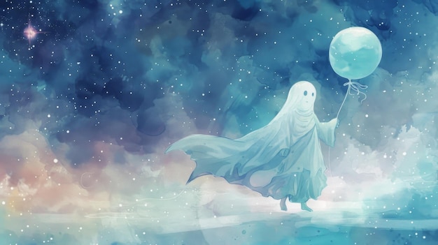 Photo a cute little ghost floating through a starry night sky in a whimsical watercolor