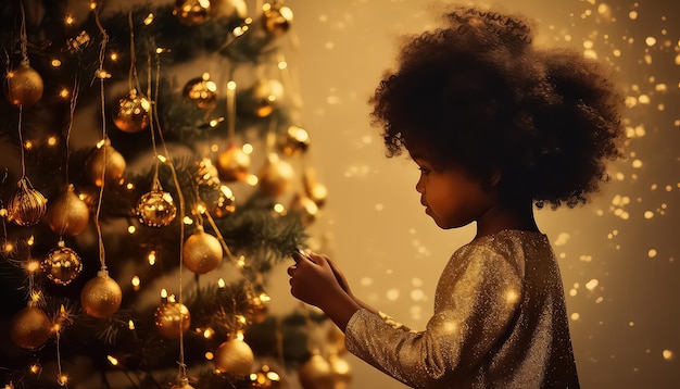 cute little girl decorating the Christmas tree in the evening with a garland and balls