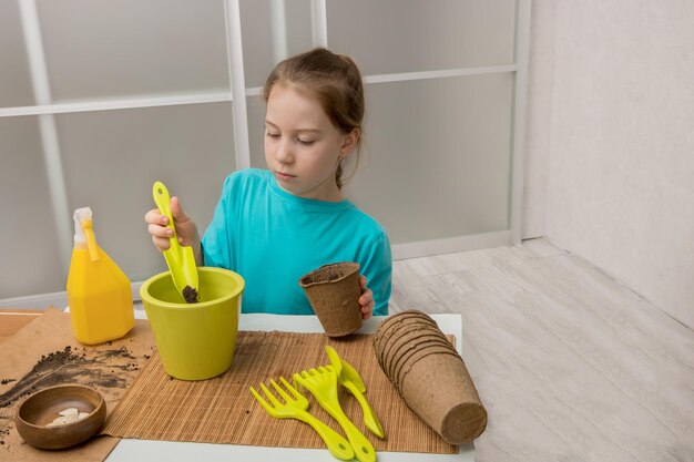 Cute little girl enthusiastically pours the earth into peat pots for seedlings