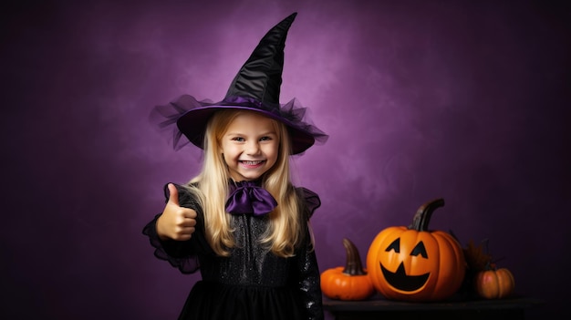 Cute little girl in halloween costume with pumpkin on purple background Generative AI