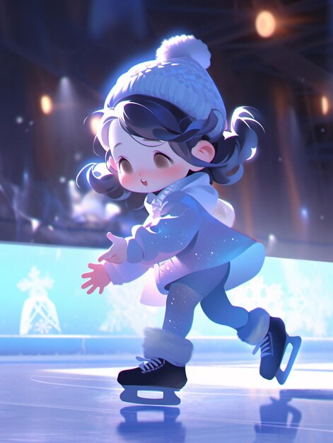 Cute little girl happily skating winter outdoor sports concept illustration