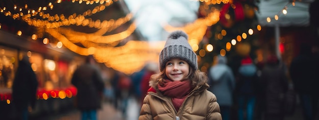 cute little girl in hat and coat in the winter on the street