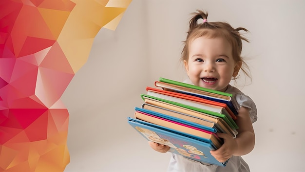 cute little girl holding books isolated in studio