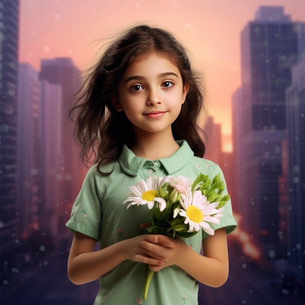 Cute little girl holding a flower bouquet