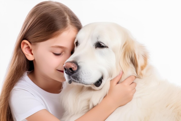 Cute little girl hugging her dog on white background closeup Generative AI