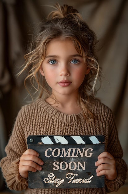 A cute little girl is holding Coming Soon Stay Tuned