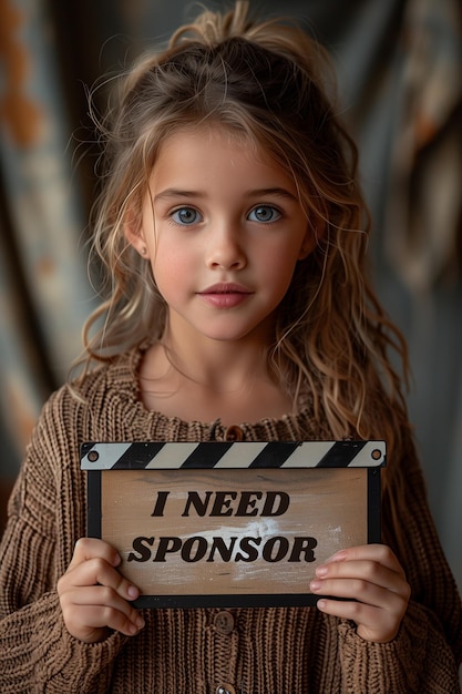 A cute little girl is holding I need Sponsor