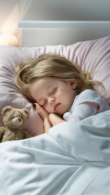 A cute little girl is sleeping in a white bed