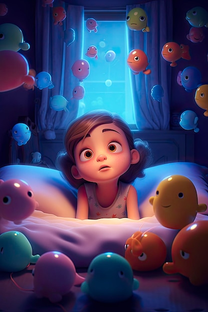 A cute little girl lying in bed dreaming beautiful big eyes fantasy creature jellyfish floating dreamy bedroom soft bed bright colors generat ai