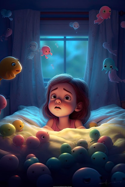 A cute little girl lying in bed dreaming beautiful big eyes fantasy creature jellyfish floating dreamy bedroom soft bed bright colors generat ai