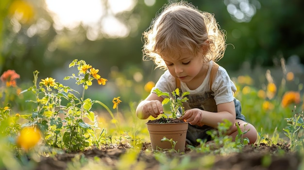 Photo cute little girl planting flowers in garden