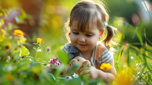 Cute little girl playing in a field of flowers