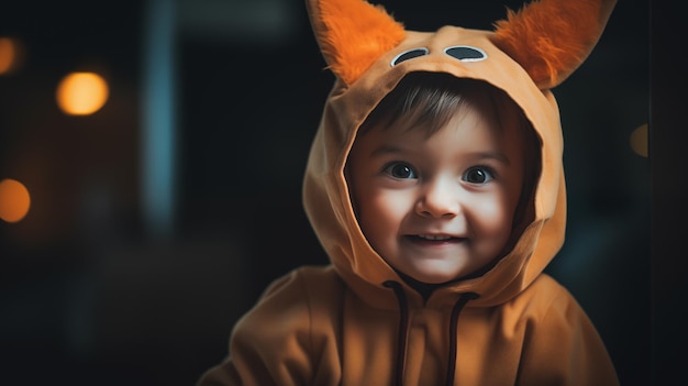 Cute little girl in pumpkin costume for Halloween close up portrait