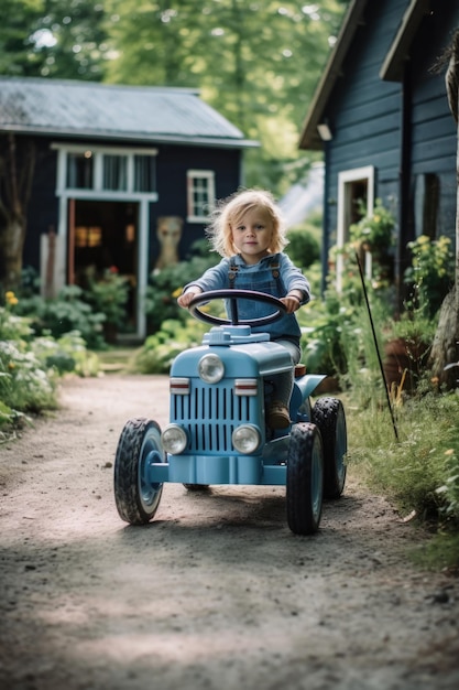 Cute little girl riding blue tractor toy Dutch traditional farm style ai generative