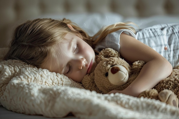 Photo cute little girl sleeping with plush toy bear on bed at home