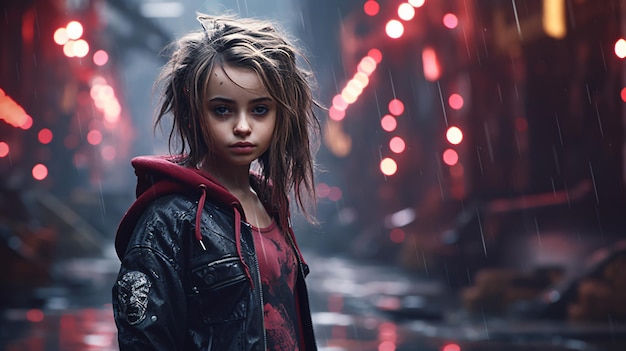 A cute little girl standing in a cyberpunk style