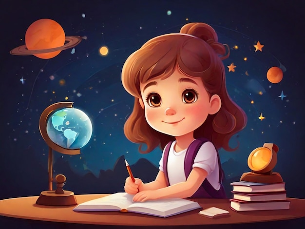 Cute little girl studying astronomy vector illustration cartoon style