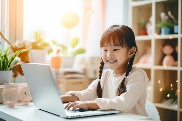 Cute little girl using laptop at home Education online study home studying distance learning homework schoolgirl children lifestyle concept