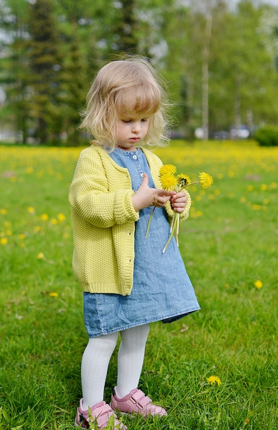 Cute little girl walking in the park with dandelion flowers