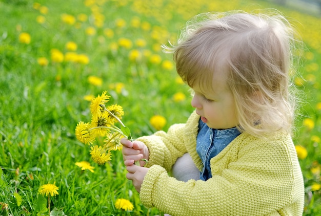 Cute little girl walking in the park with dandelion flowers