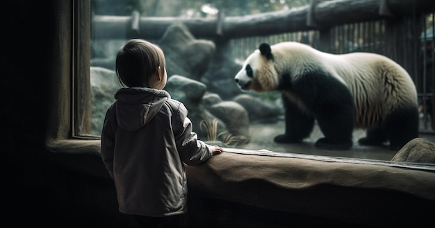 Cute little girl watching panda bear animals in the zoo children watching zoo animals through the