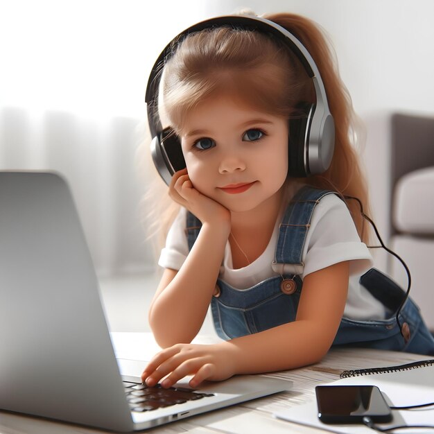 Cute little girl wearing headphones in front of laptop on white background