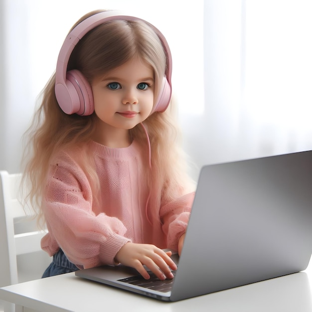 Cute little girl wearing headphones in front of laptop on white background