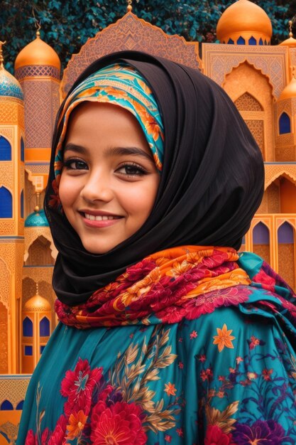 A Cute Little Girl Wearing Hijab and Abaya in a Beautiful Arabic City