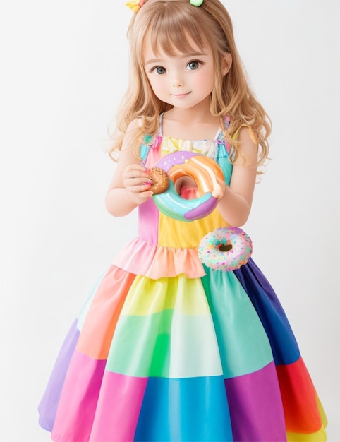 a cute little girl wearing rainbow dress and holding doughnut