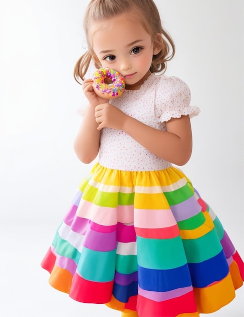 a cute little girl wearing rainbow dress and holding doughnut