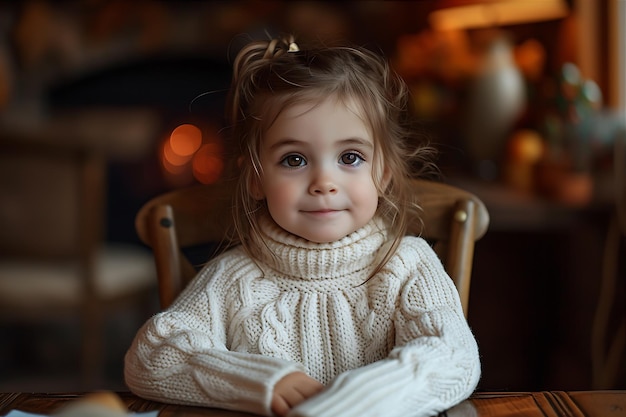 Cute Little Girl in White Sweater at the Table