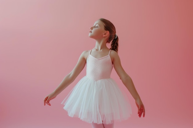 Photo cute little girl in a white tutu posing on a light pink background the future ballerina masters dance steps beautiful child loves ballet and learns to dance