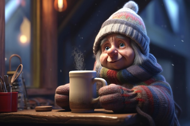 Cute little girl in winter clothes drinking hot chocolate at home