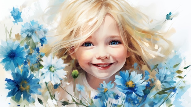 Cute little girl with blond hair outside Beautiful portrait of child impressionism style