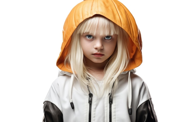 A cute little girl with blonde hair wearing an orange hoodie Perfect for childrens fashion or outdoor activities