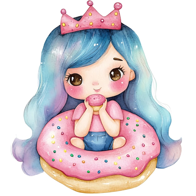 Photo cute little girl with blue hair wearing a crown sitting on a donut