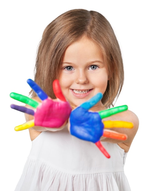 Cute little girl with colorful painted hands on  background