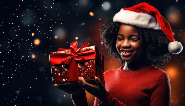 cute little girl with curly afro hair holding her gift box near Christmas tree in the evening