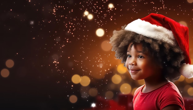 cute little girl with curly afro hair holding her gift box near Christmas tree in the evening